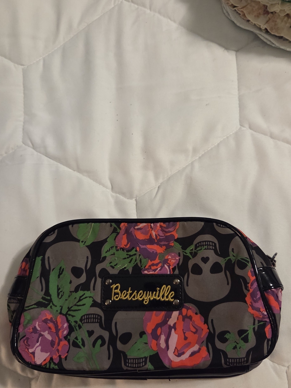 Vintage Y2K Betsey Johnson Floral Skull Cosmetic Bag in Black and Multicolor